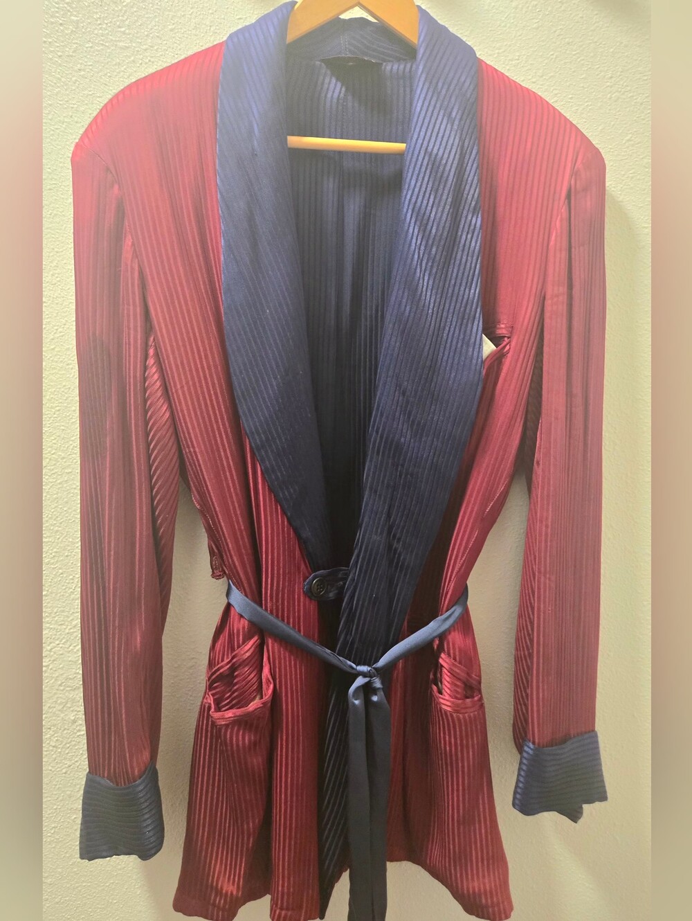 Vintage 50s 60s Mens Red & Navy Shawl Collar Smoking Jacket Robe Rabhor USA